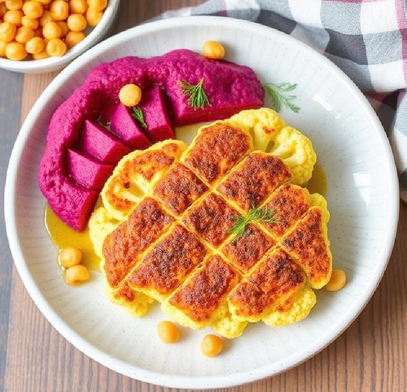 Cauliflower Steak with Beetroot Hummus